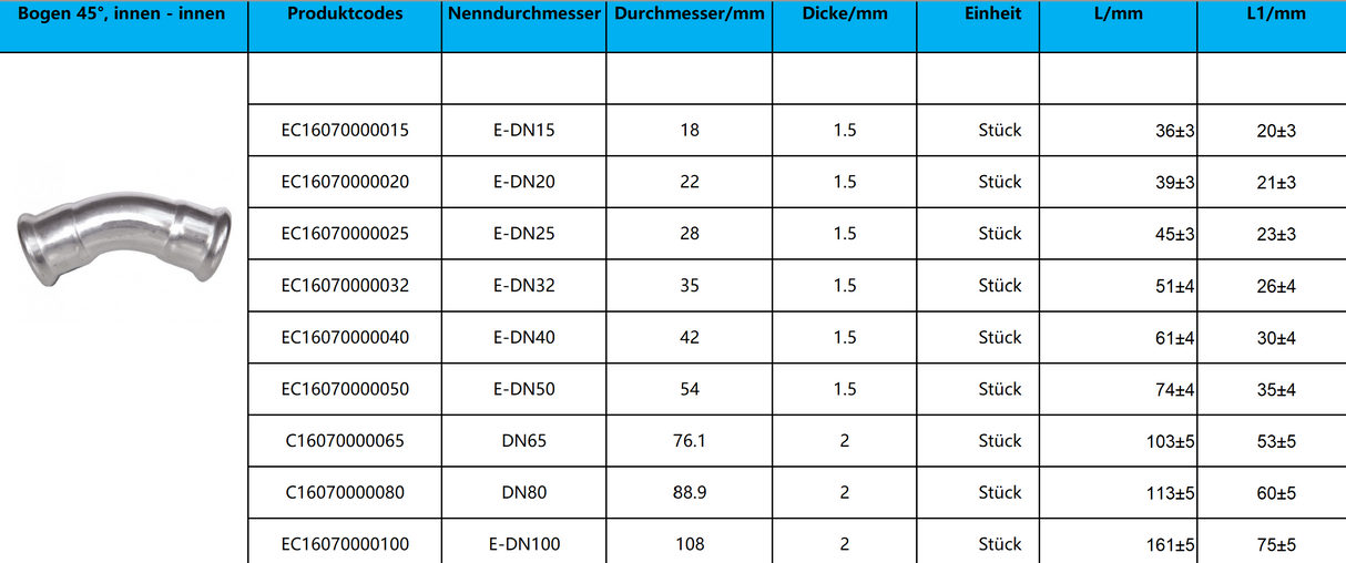Bogen 45°, innen - innen