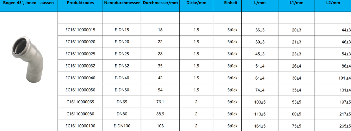 Bogen 45°, innen - aussen