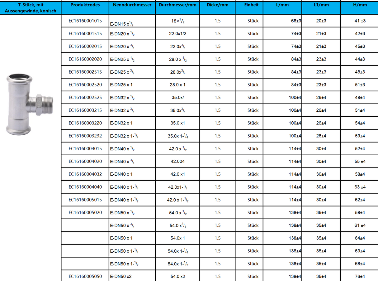 T-Stück, mit Aussengewinde, konisch