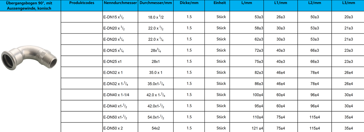Übergangsbogen 90°, mit Aussengewinde, konisch