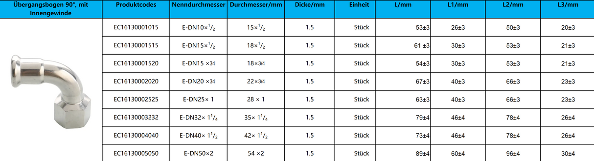 Übergangsbogen 90°, mit Innengewinde