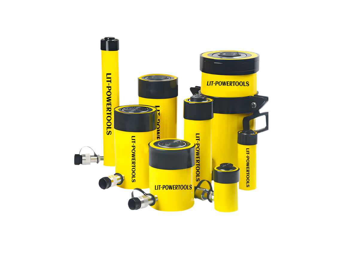 Mehrere Hydraulikzylinder und Handpumpen von LIT-Powertools in unterschiedlichen Grössen